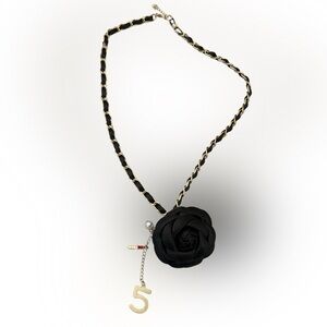 Black Camellia Flower Necklace with Gold Chain & Charms | Chic Statement